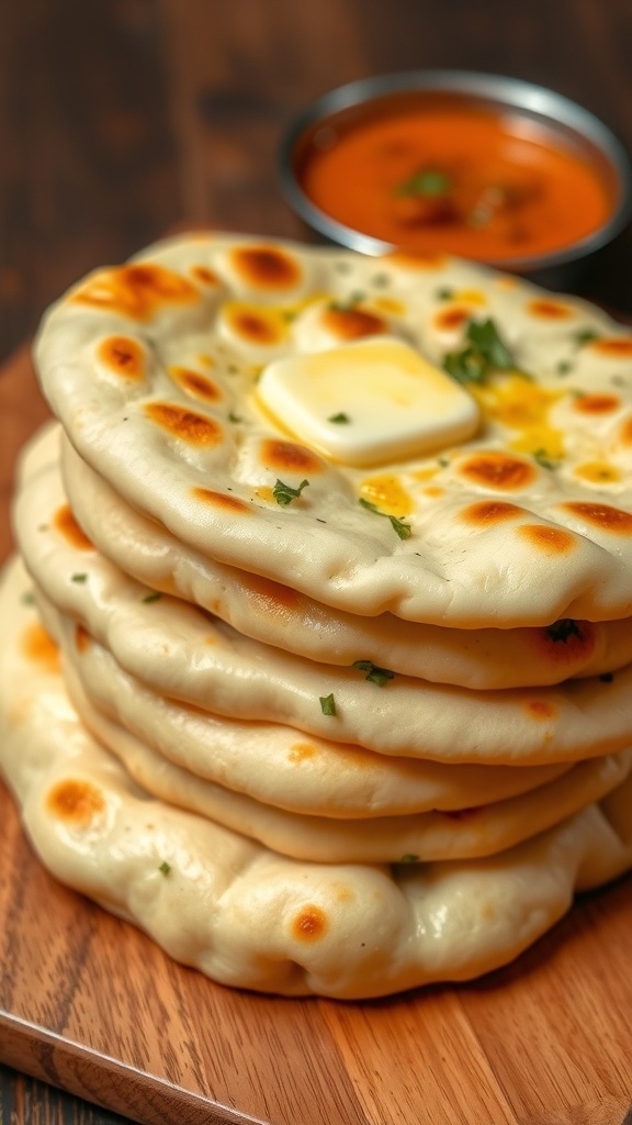 Quick Naan Bread Recipe Without Yogurt Freshly made naan bread stacked on a wooden board, brushed with butter and garnished with herbs, alongside a bowl of curry.